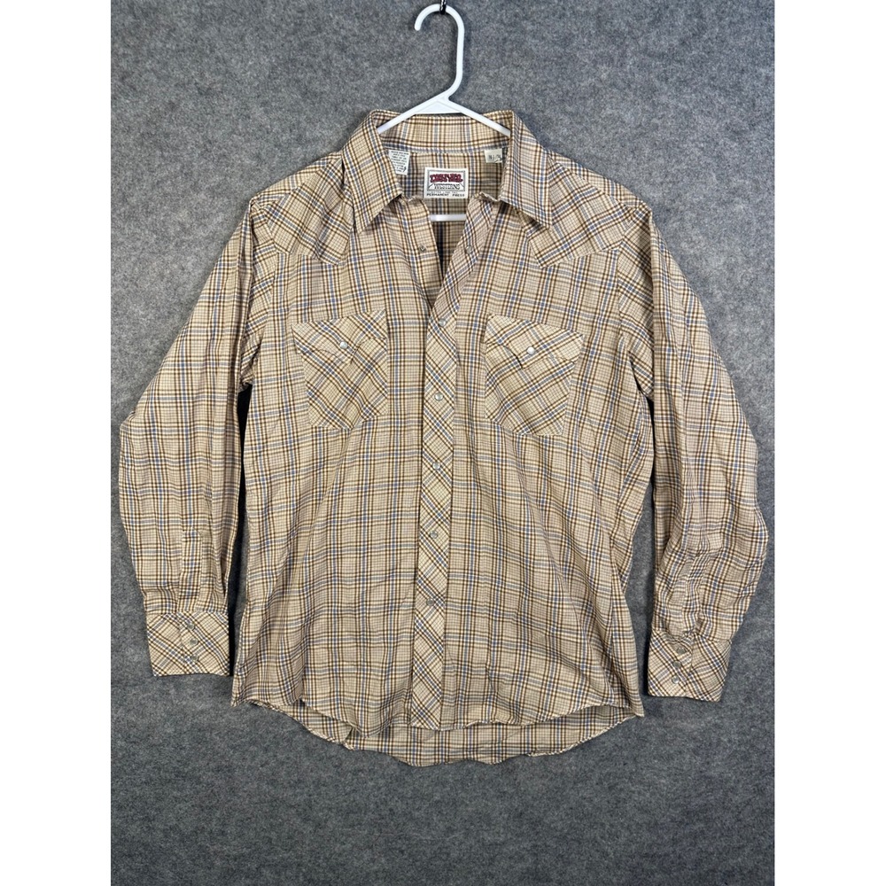 Denver Westerns Mens Plaid Pearl Snap Shirt Tan Brown Blue Long Sleeve 16.5 x 34